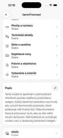 Sekcie detailov vo formulári úprav